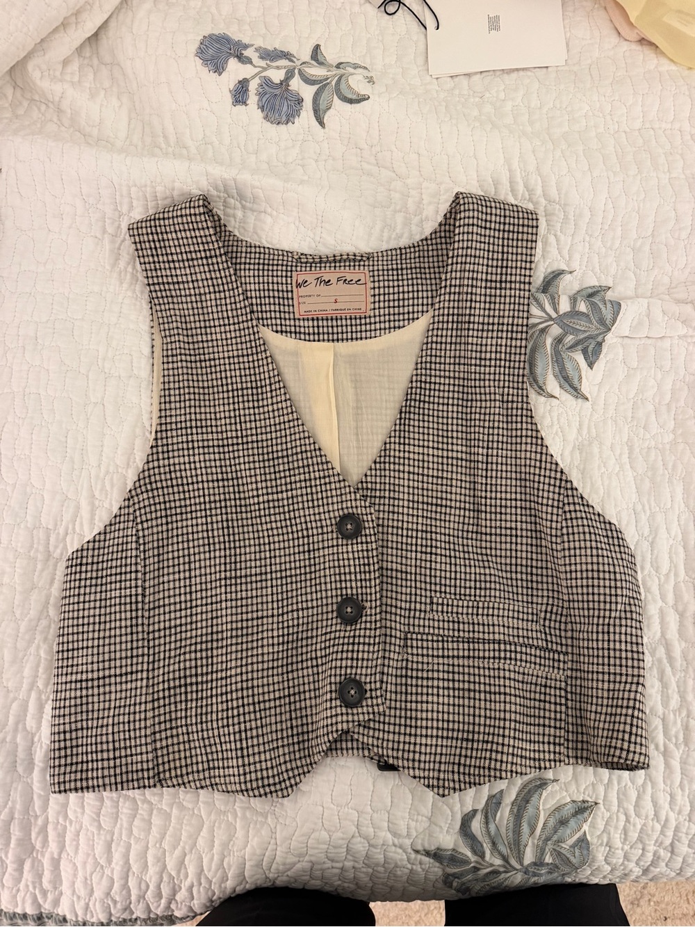 We The Free Black & Cream Checked Crop Vest
